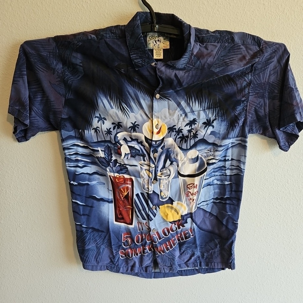 Vintage Big Dogs Hawaiian Shirt‎ It's 5 O'Clock Somewhere Men's Size Medium Blue